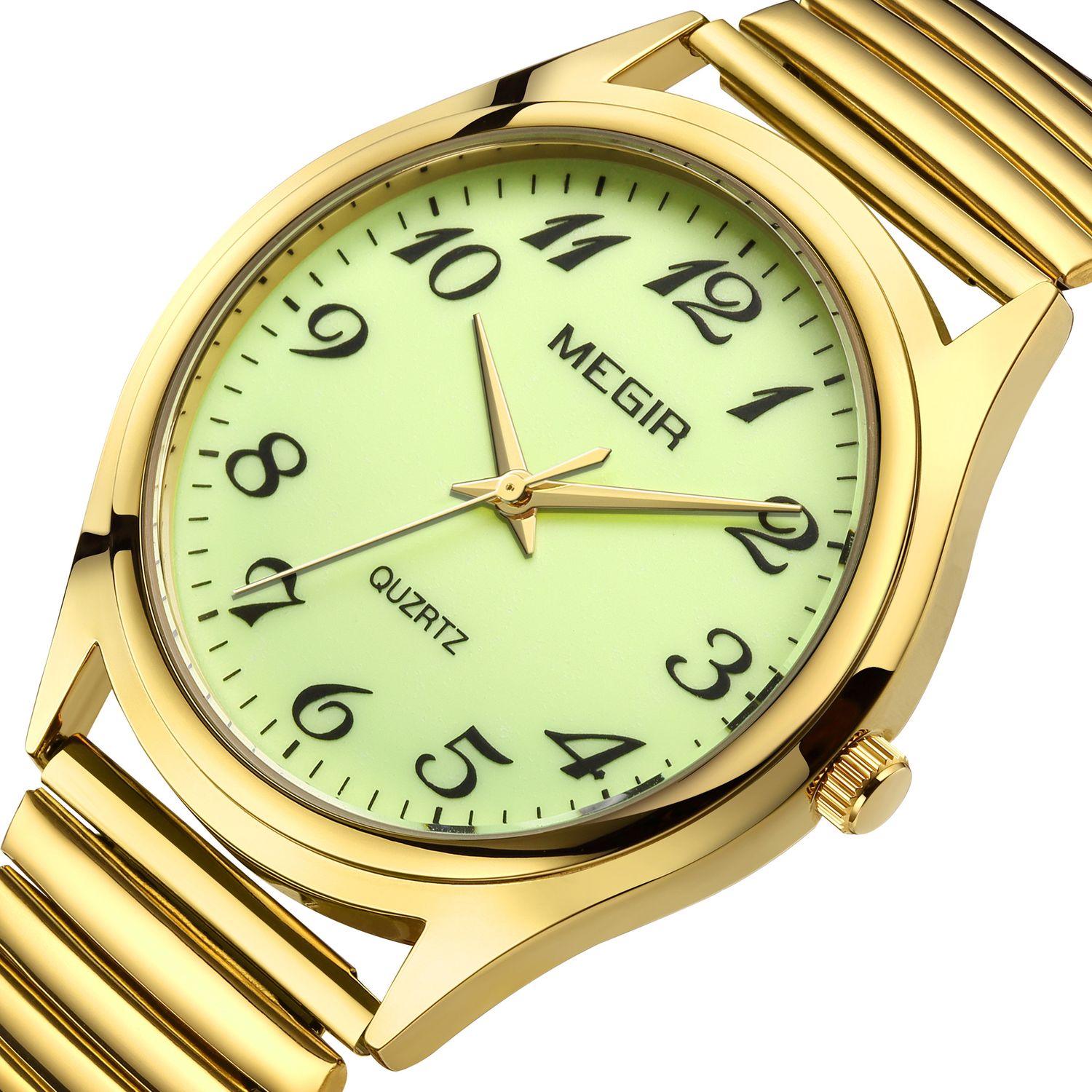 MEGIR 1088 unisex watch, silver-tone case with white Arabic-numeral dial and stretch bracelet, angled view