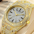 MEGIR 1091 men's iced-out watch, gold-tone octagonal case and bracelet fully set with crystals, front view