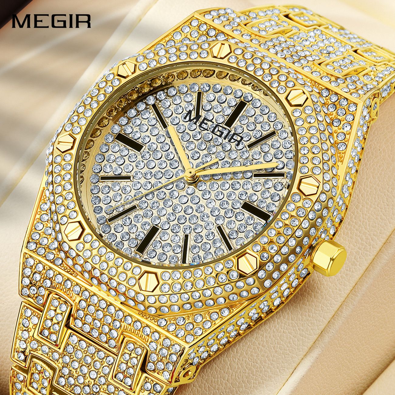 MEGIR 1091 men's iced-out watch, gold-tone octagonal case and bracelet fully set with crystals, front view