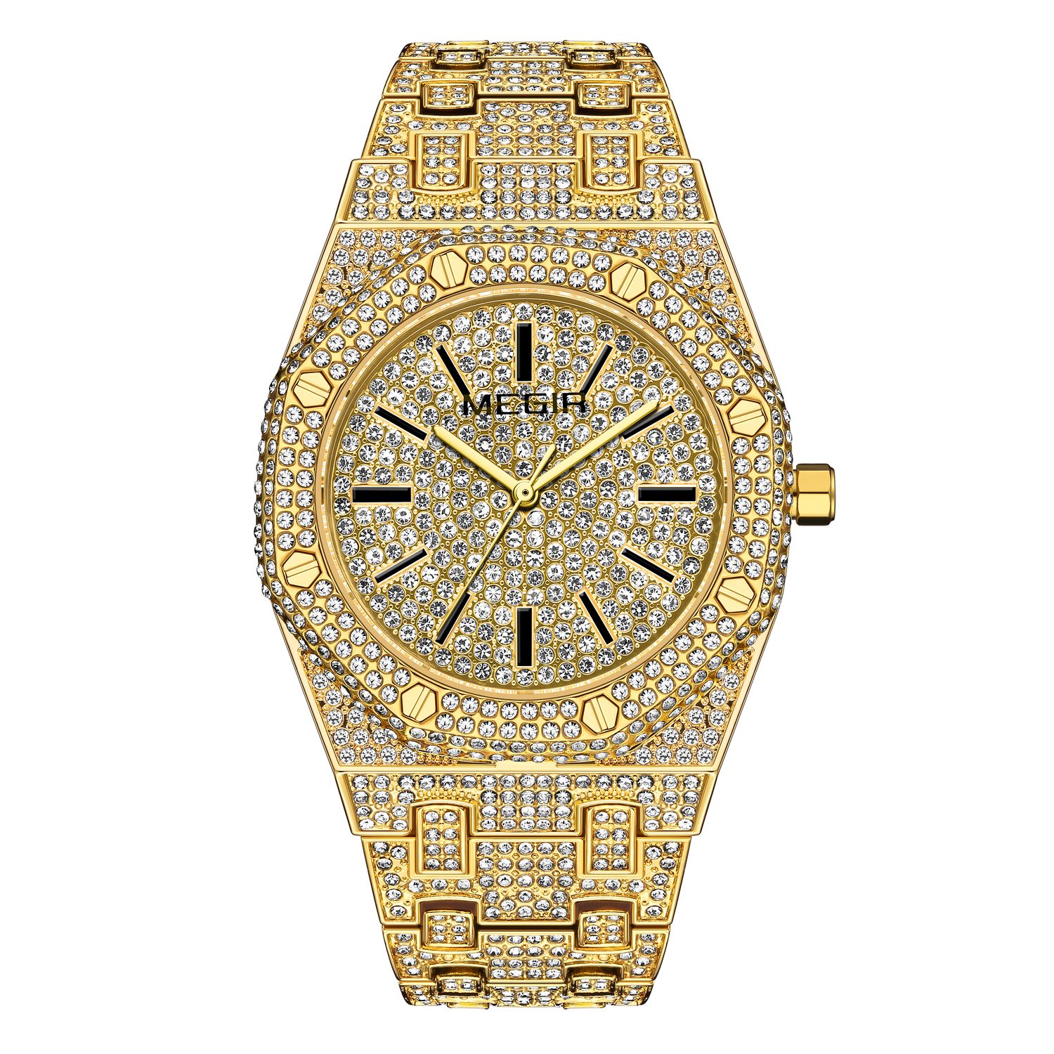 MEGIR 1091 men's iced-out watch, gold-tone octagonal case fully set with crystals, front studio view