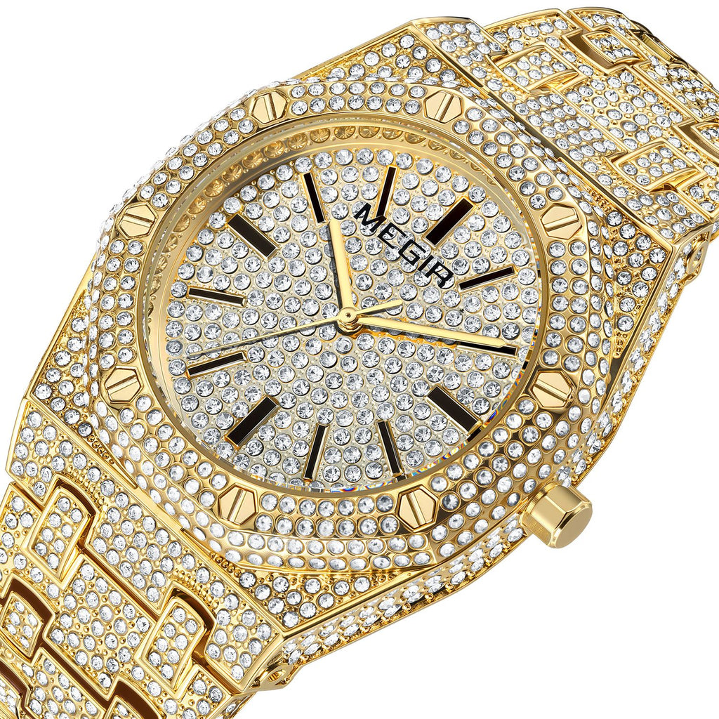 MEGIR 1091 men's iced-out watch, gold-tone octagonal case and crystal-set bracelet, three-quarter view