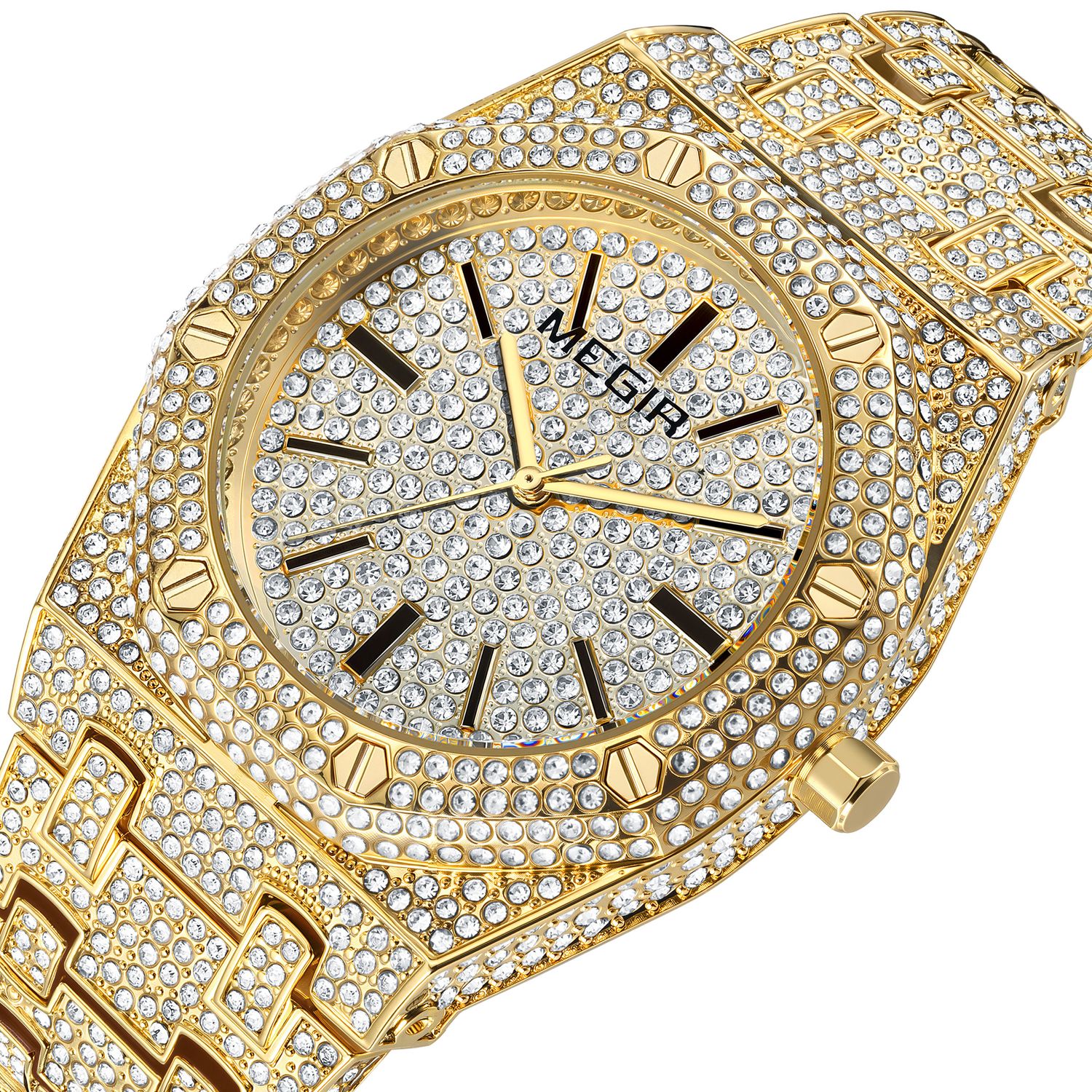 MEGIR 1091 men's iced-out watch, gold-tone octagonal case and crystal-set bracelet, three-quarter view