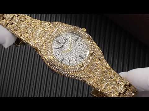 MEGIR 1091 men's iced-out watch product video thumbnail, gold-tone crystal-set watch on the wrist