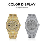 MEGIR 1091 men's iced-out watch shown in gold-tone and silver-tone, octagonal cases fully set with crystals