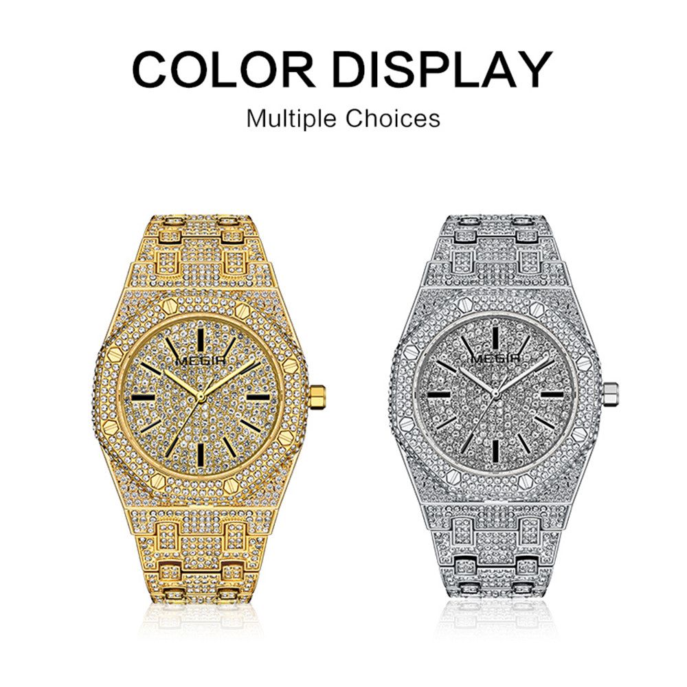 MEGIR 1091 men's iced-out watch shown in gold-tone and silver-tone, octagonal cases fully set with crystals