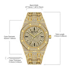 MEGIR 1091 men's iced-out watch parameters graphic with case diameter, thickness and band length