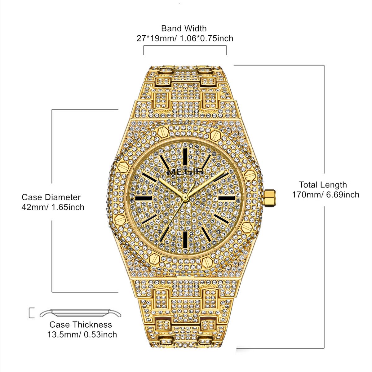 MEGIR 1091 men's iced-out watch parameters graphic with case diameter, thickness and band length
