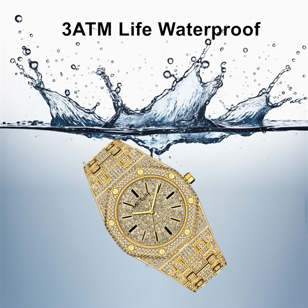 MEGIR 1091 men's iced-out watch water-resistance graphic noting protection from splashing water