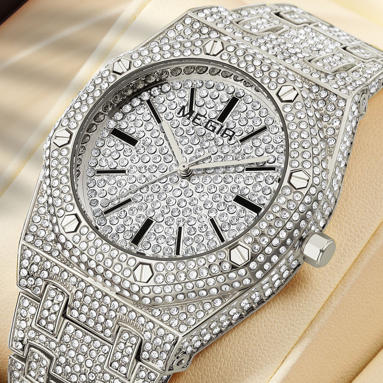MEGIR 1091 men's iced-out watch, silver-tone octagonal case and bracelet fully set with crystals, front view