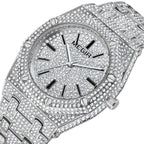 MEGIR 1091 men's iced-out watch, silver-tone octagonal case and crystal-set bracelet, three-quarter view