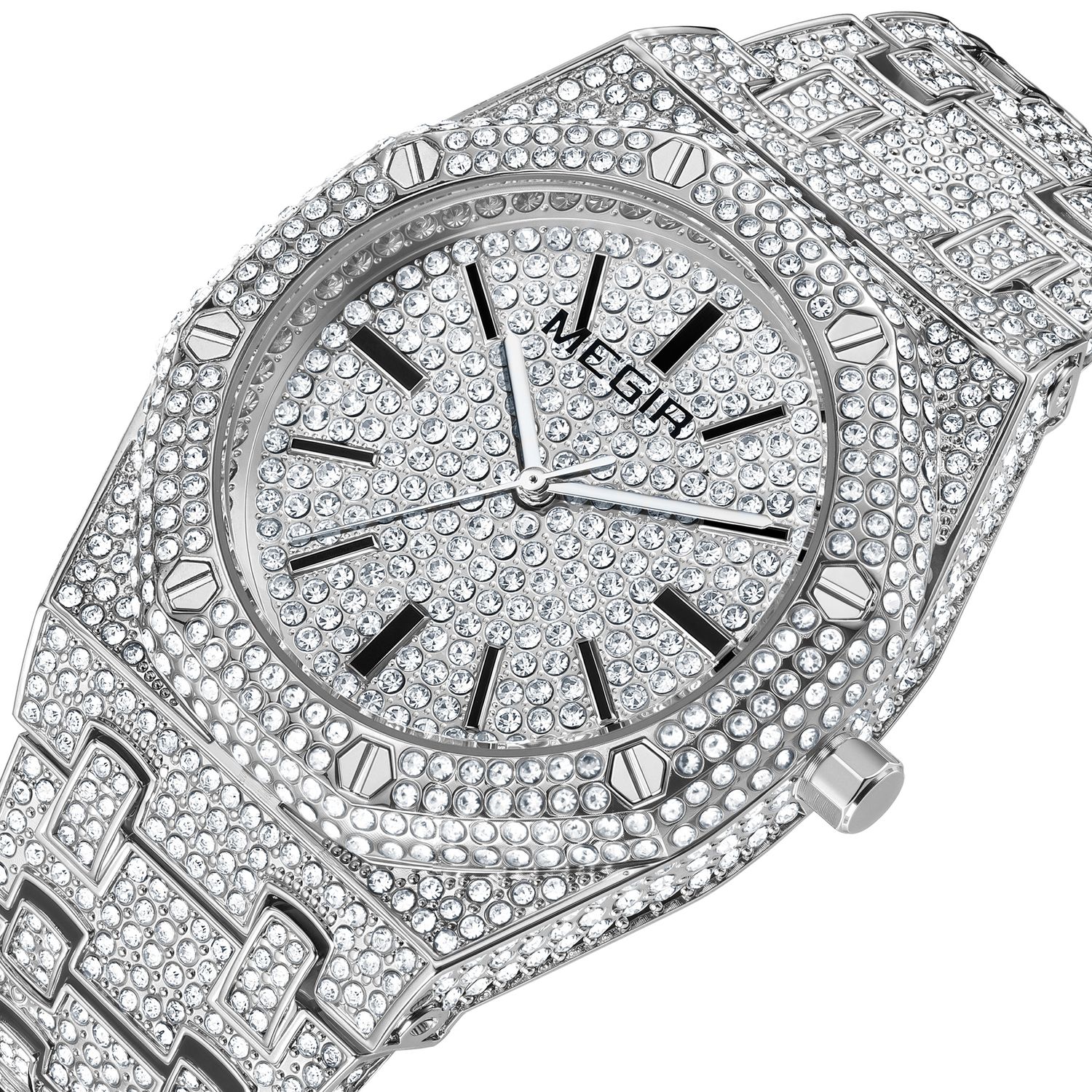 MEGIR 1091 men's iced-out watch, silver-tone octagonal case and crystal-set bracelet, three-quarter view