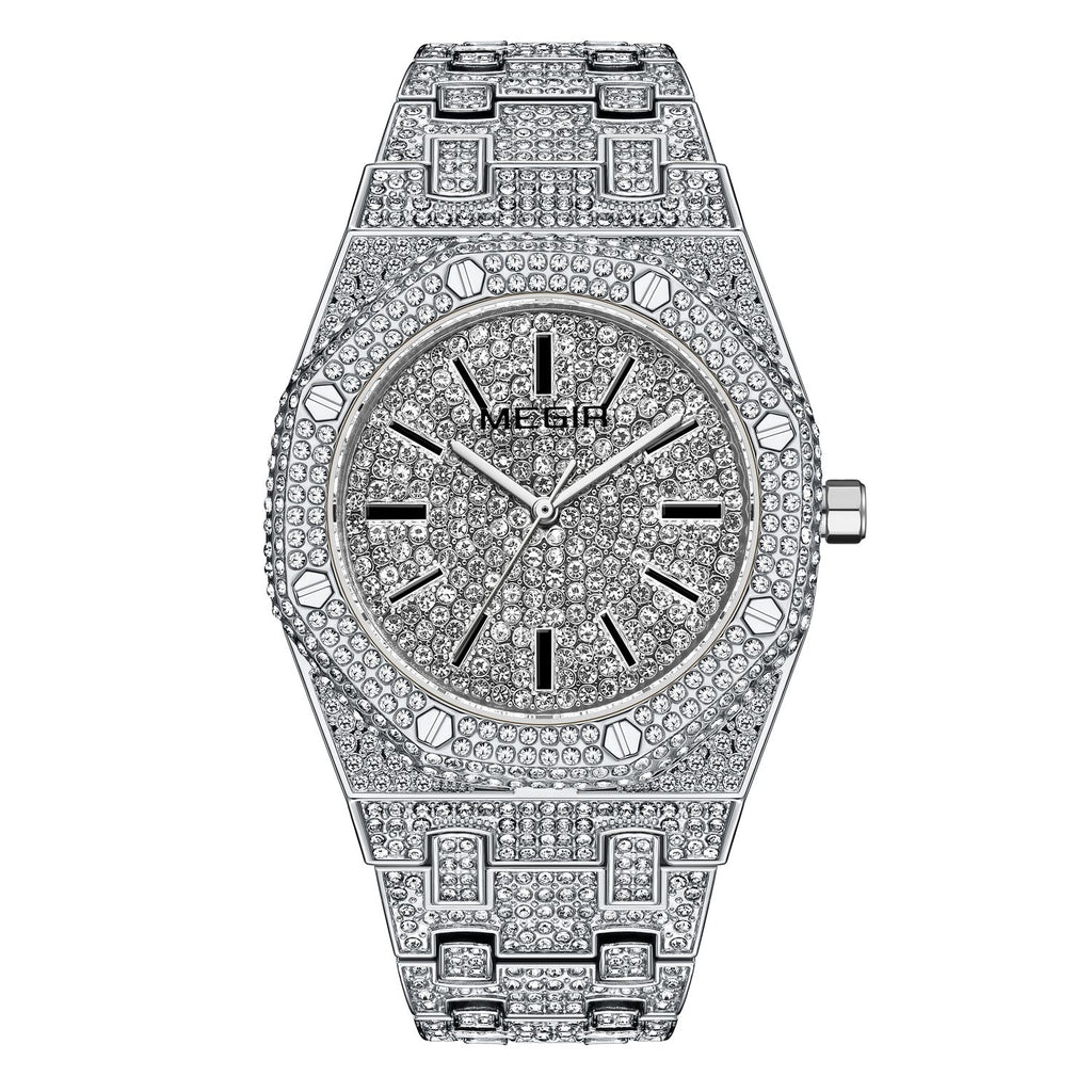 MEGIR 1091 men's iced-out watch, silver-tone octagonal case fully set with crystals, front studio view