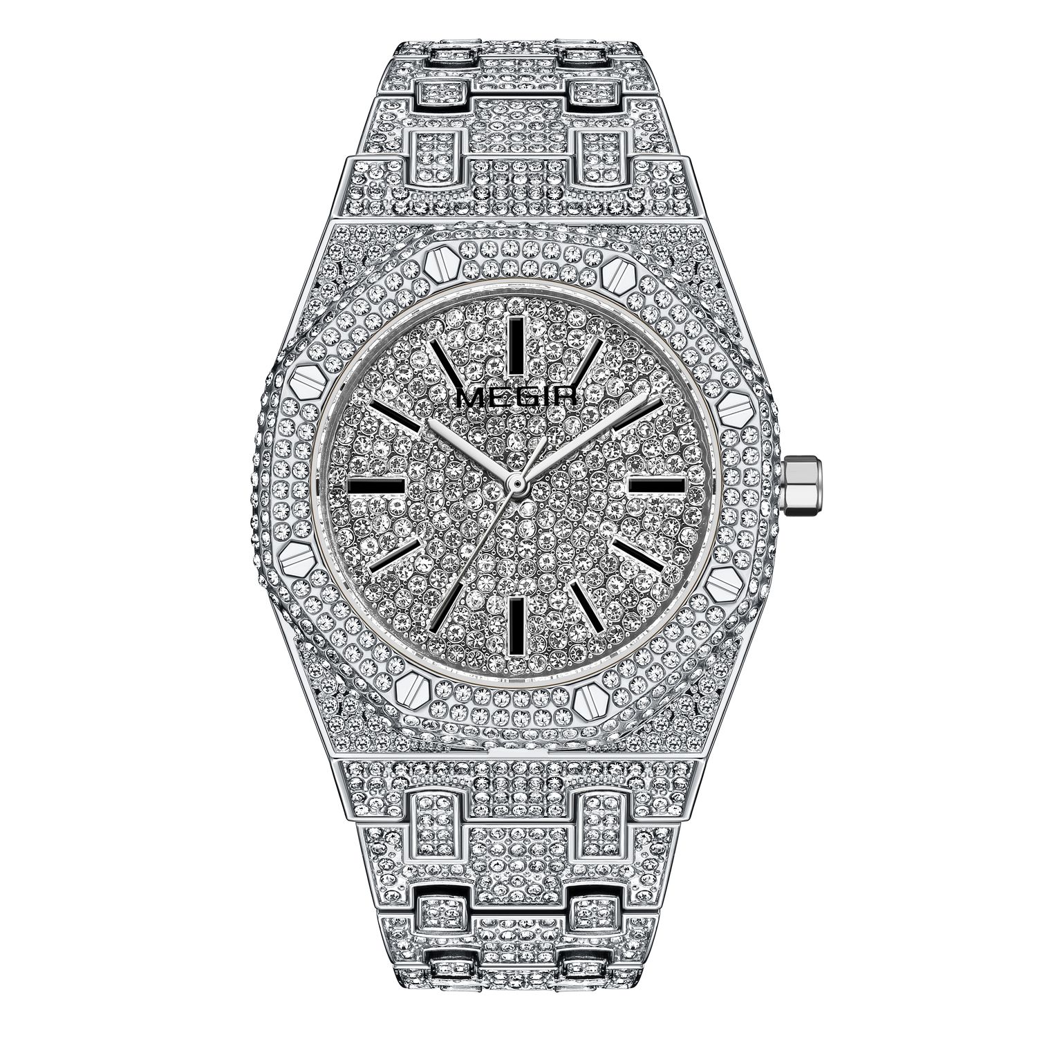 MEGIR 1091 men's iced-out watch, silver-tone octagonal case fully set with crystals, front studio view