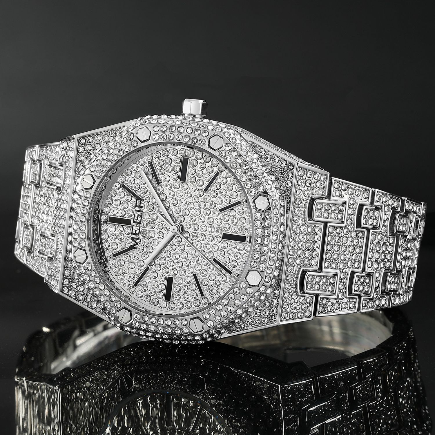 MEGIR 1091 men's iced-out watch, silver-tone octagonal case and crystal-set bracelet, angled view