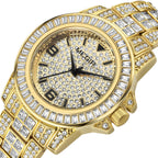 MEGIR 1092 men's iced-out watch, gold-tone case and bracelet with crystal-paved dial, three-quarter view