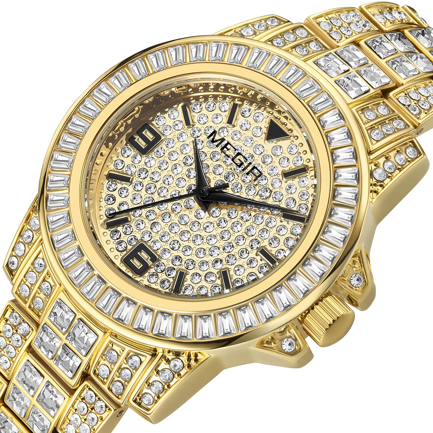MEGIR 1092 men's iced-out watch, gold-tone case and bracelet with crystal-paved dial, three-quarter view