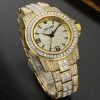 MEGIR 1092 men's iced-out watch, gold-tone case and bracelet with crystal-paved dial and crystal-set bezel, angled view
