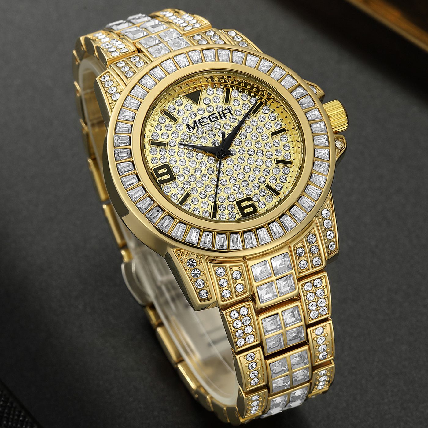 MEGIR 1092 men's iced-out watch, gold-tone case and bracelet with crystal-paved dial and crystal-set bezel, angled view