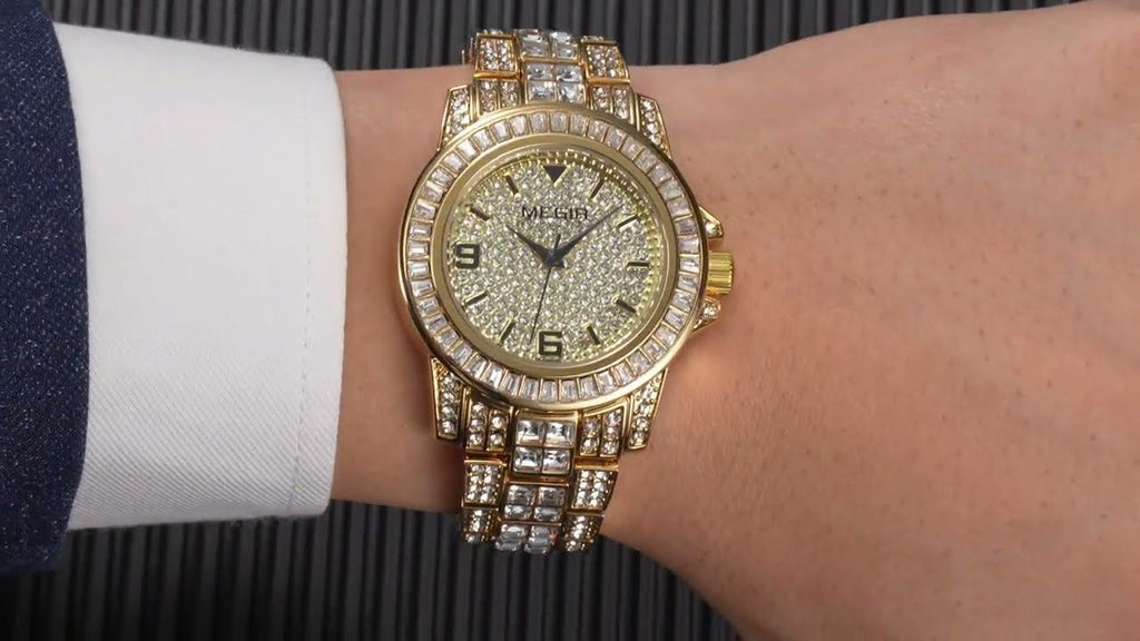 MEGIR 1092 men's iced-out watch product video thumbnail, gold-tone crystal-paved watch on the wrist