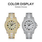 MEGIR 1092 men's iced-out watch shown in gold-tone and silver-tone with crystal-paved dials and bracelets