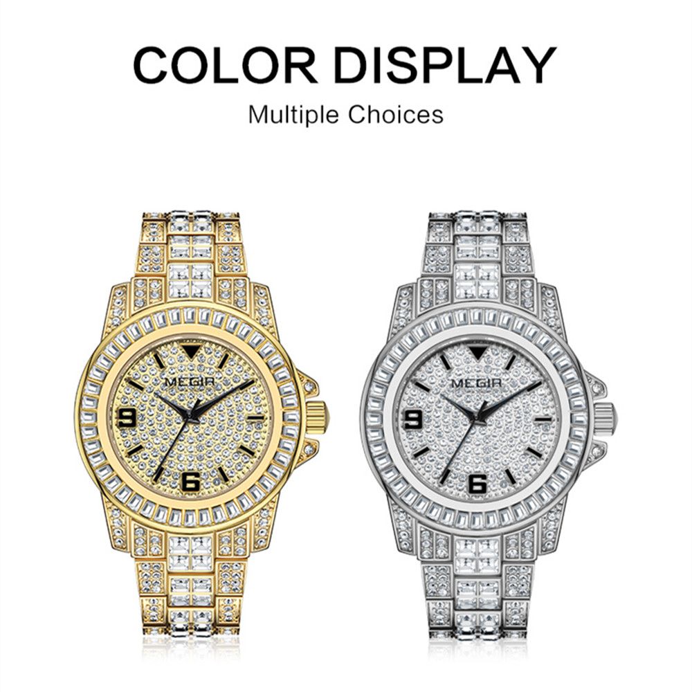 MEGIR 1092 men's iced-out watch shown in gold-tone and silver-tone with crystal-paved dials and bracelets