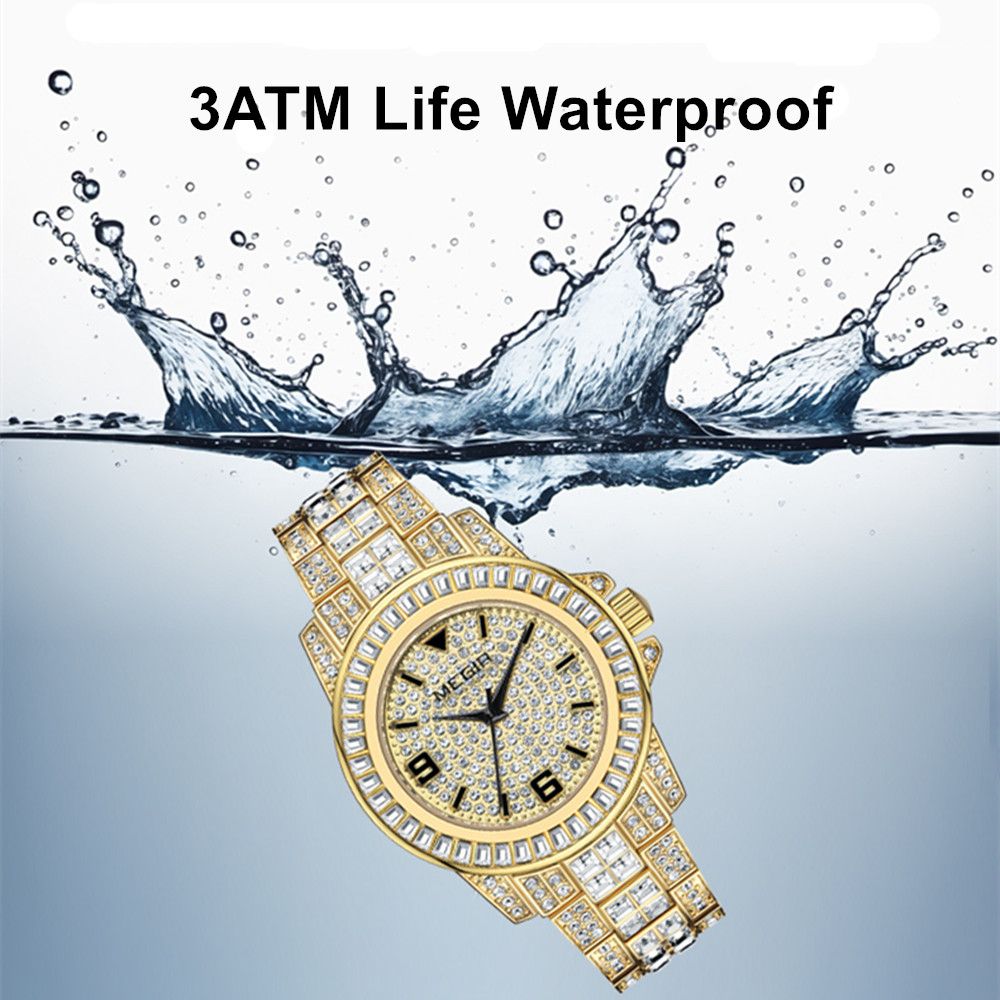 MEGIR 1092 men's iced-out watch water-resistance graphic noting protection from splashing water