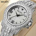 MEGIR 1092 men's iced-out watch, silver-tone case and bracelet with crystal-paved dial and crystal-set bezel, front view