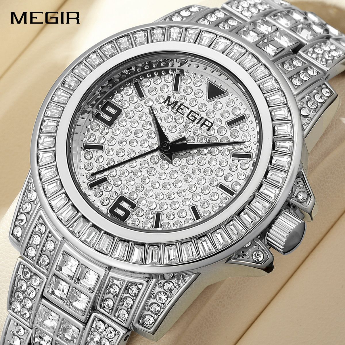 MEGIR 1092 men's iced-out watch, silver-tone case and bracelet with crystal-paved dial and crystal-set bezel, front view