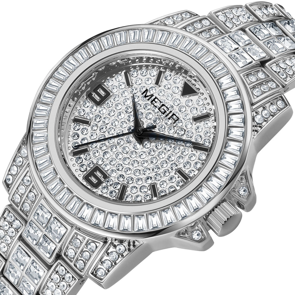 MEGIR 1092 men's iced-out watch, silver-tone case and bracelet with crystal-paved dial, three-quarter view