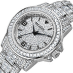 MEGIR 1092 men's iced-out watch, silver-tone case and bracelet with crystal-paved dial, three-quarter view
