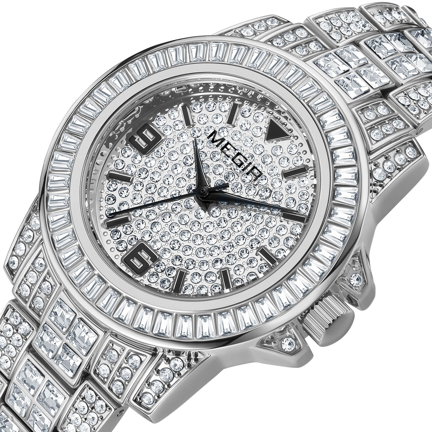MEGIR 1092 men's iced-out watch, silver-tone case and bracelet with crystal-paved dial, three-quarter view