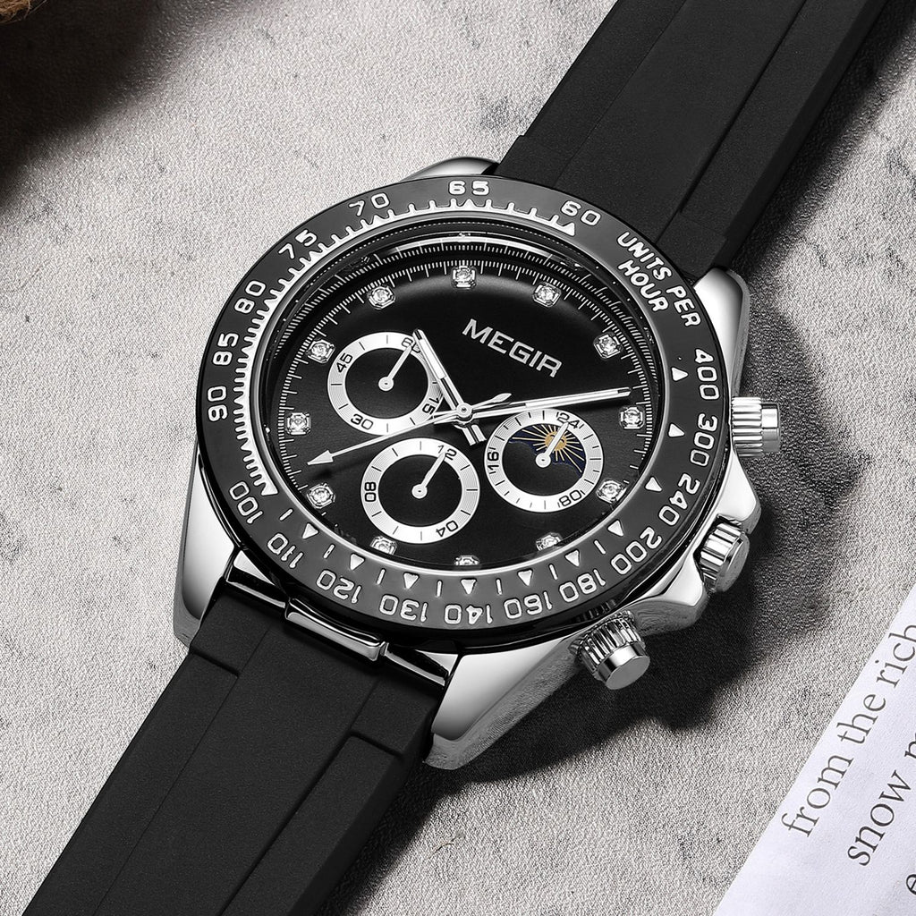 MEGIR 1095 men's multifunction watch, black dial with three sub-dials and moon phase on a black silicone strap, front view