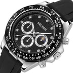 MEGIR 1095 men's multifunction watch, black dial with sub-dials and moon phase on a black silicone strap, angled view