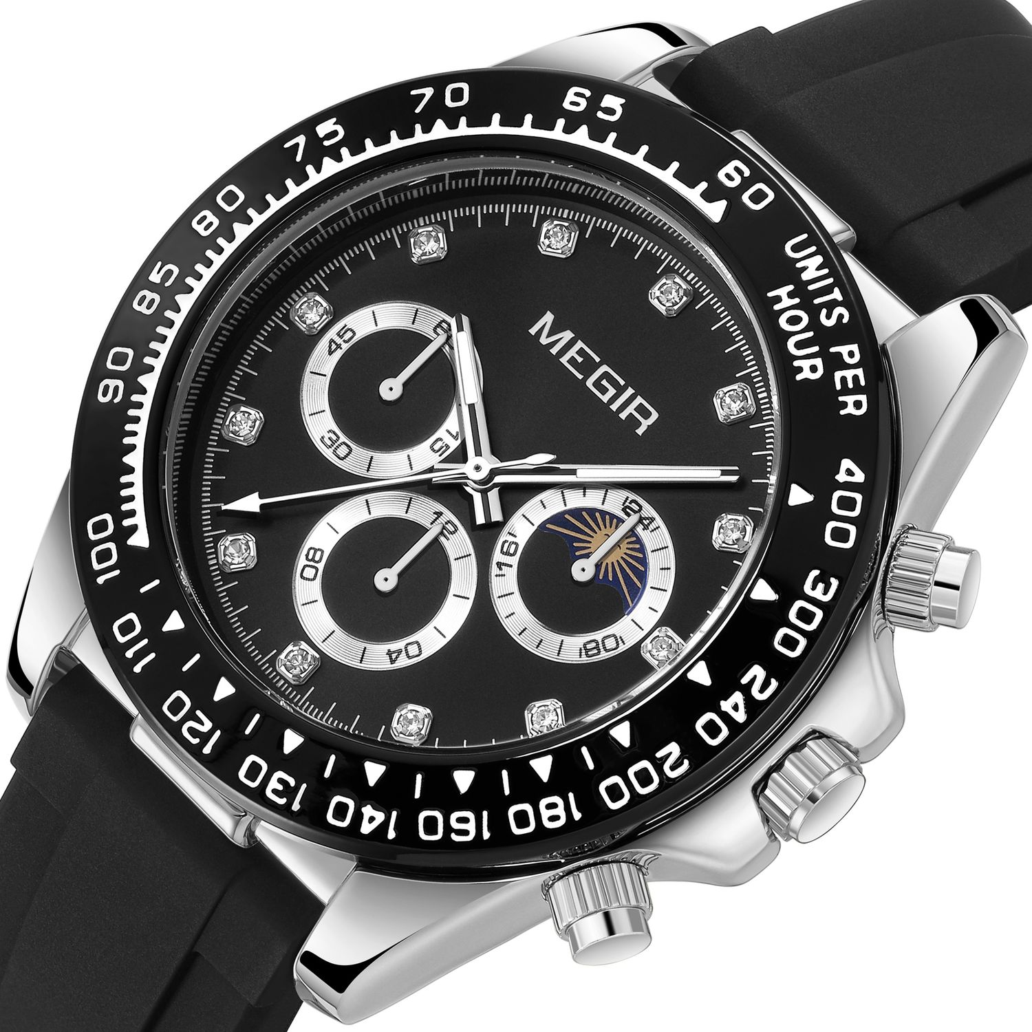 MEGIR 1095 men's multifunction watch, black dial with sub-dials and moon phase on a black silicone strap, angled view
