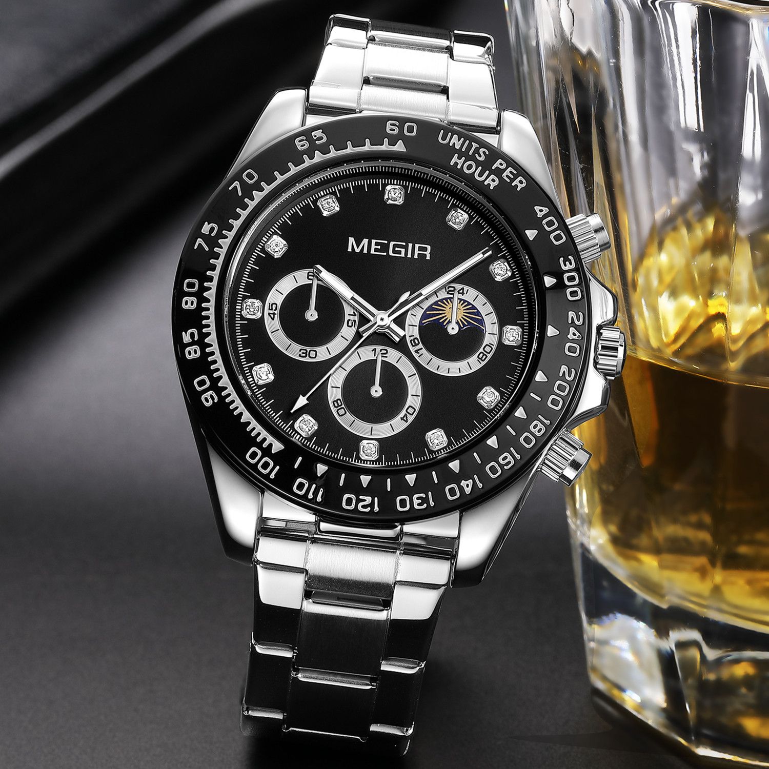 MEGIR 1095 men's multifunction watch, black dial with three sub-dials and moon phase on a steel bracelet, front view
