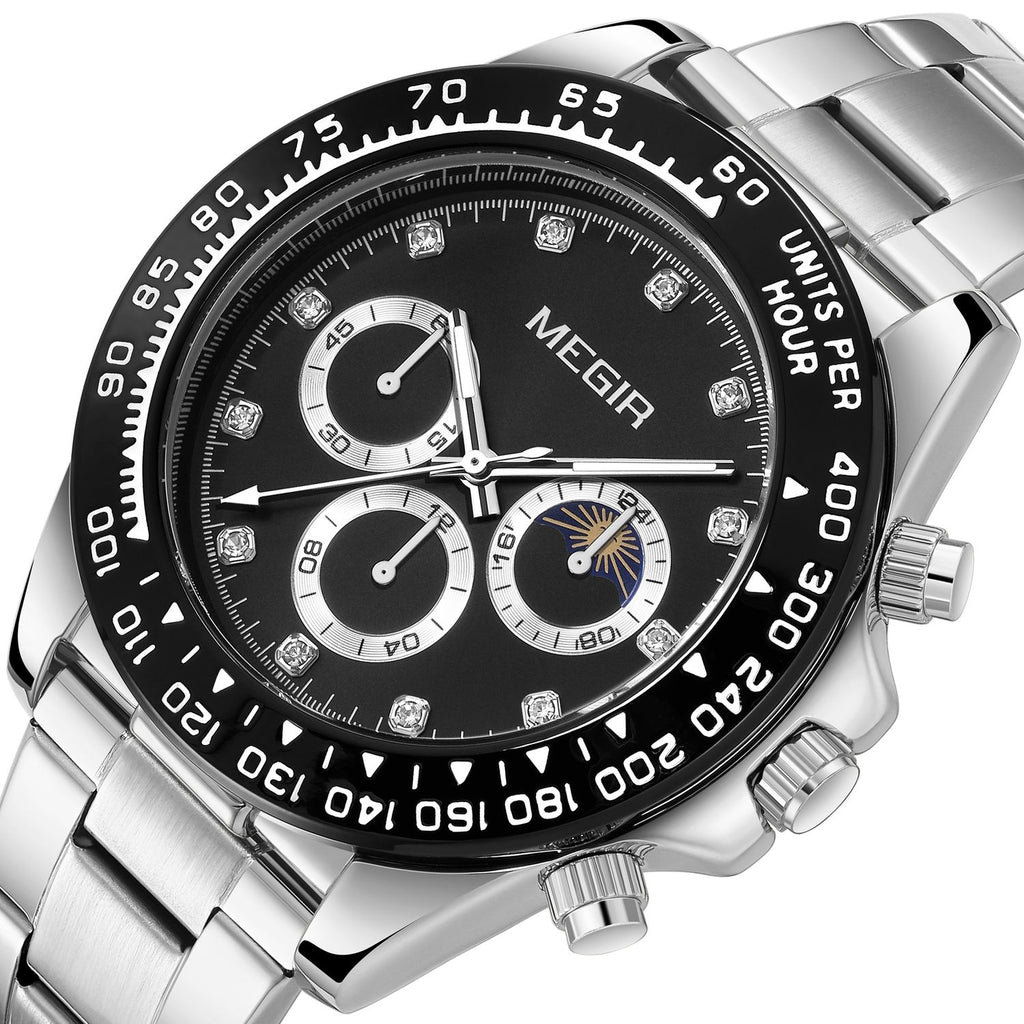 MEGIR 1095 men's multifunction watch, black dial with sub-dials and moon phase on a steel bracelet, angled view