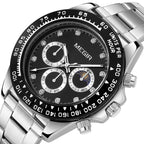 MEGIR 1095 men's multifunction watch, black dial with sub-dials and moon phase on a steel bracelet, angled view