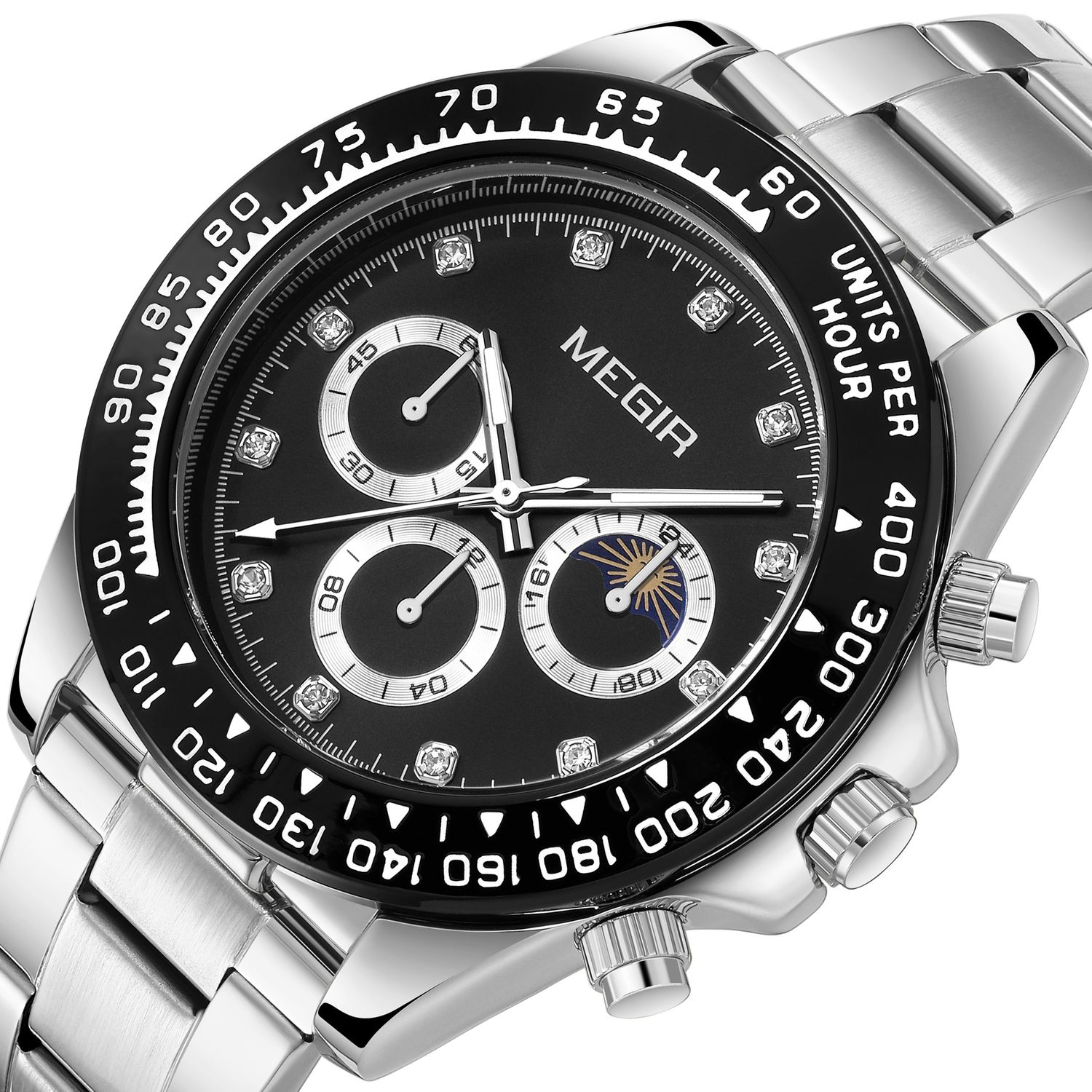 MEGIR 1095 men's multifunction watch, black dial with sub-dials and moon phase on a steel bracelet, angled view