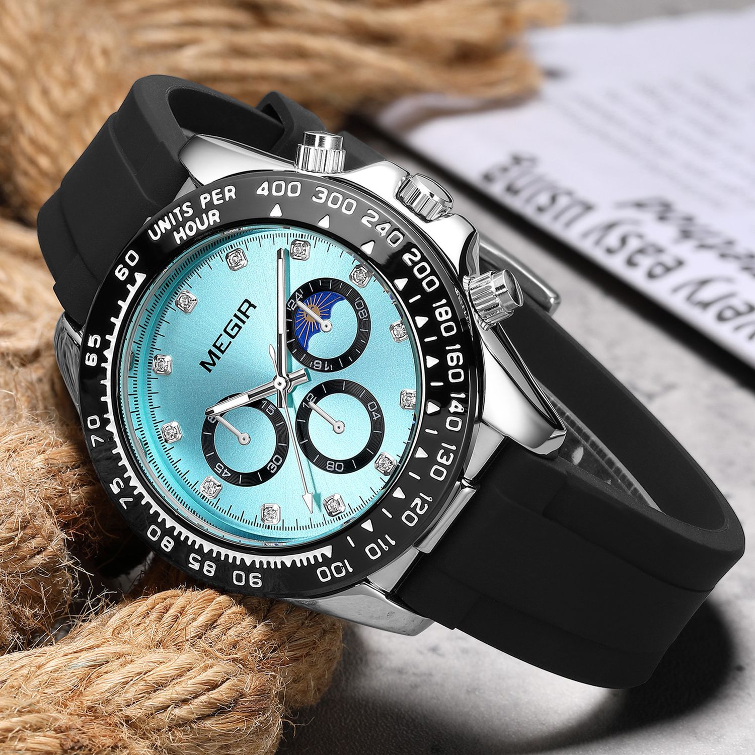 MEGIR 1095 men's multifunction watch, turquoise dial with sub-dials and moon phase on a black silicone strap, front view