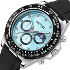 MEGIR 1095 men's multifunction watch, turquoise dial with sub-dials and moon phase on a black silicone strap, angled view
