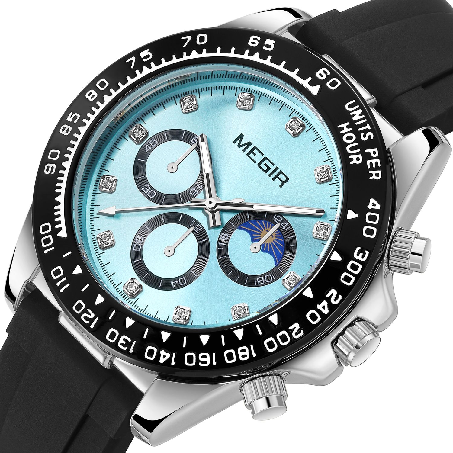 MEGIR 1095 men's multifunction watch, turquoise dial with sub-dials and moon phase on a black silicone strap, angled view