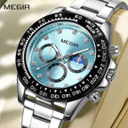 MEGIR 1095 men's multifunction watch, turquoise dial with three sub-dials and moon phase on a steel bracelet, front view