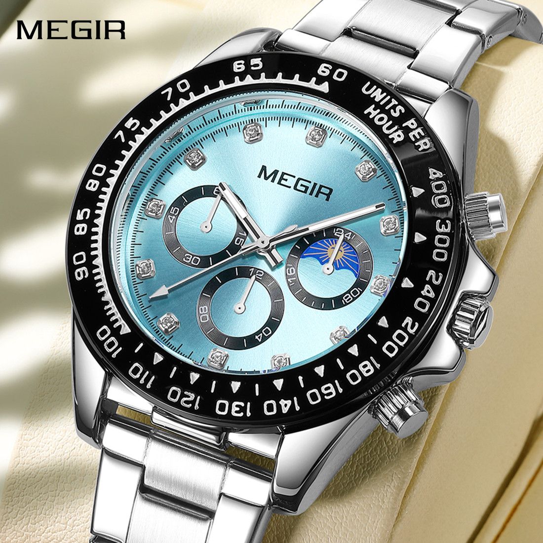 MEGIR 1095 men's multifunction watch, turquoise dial with three sub-dials and moon phase on a steel bracelet, front view