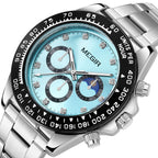 MEGIR 1095 men's multifunction watch, turquoise dial with sub-dials and moon phase on a steel bracelet, angled view