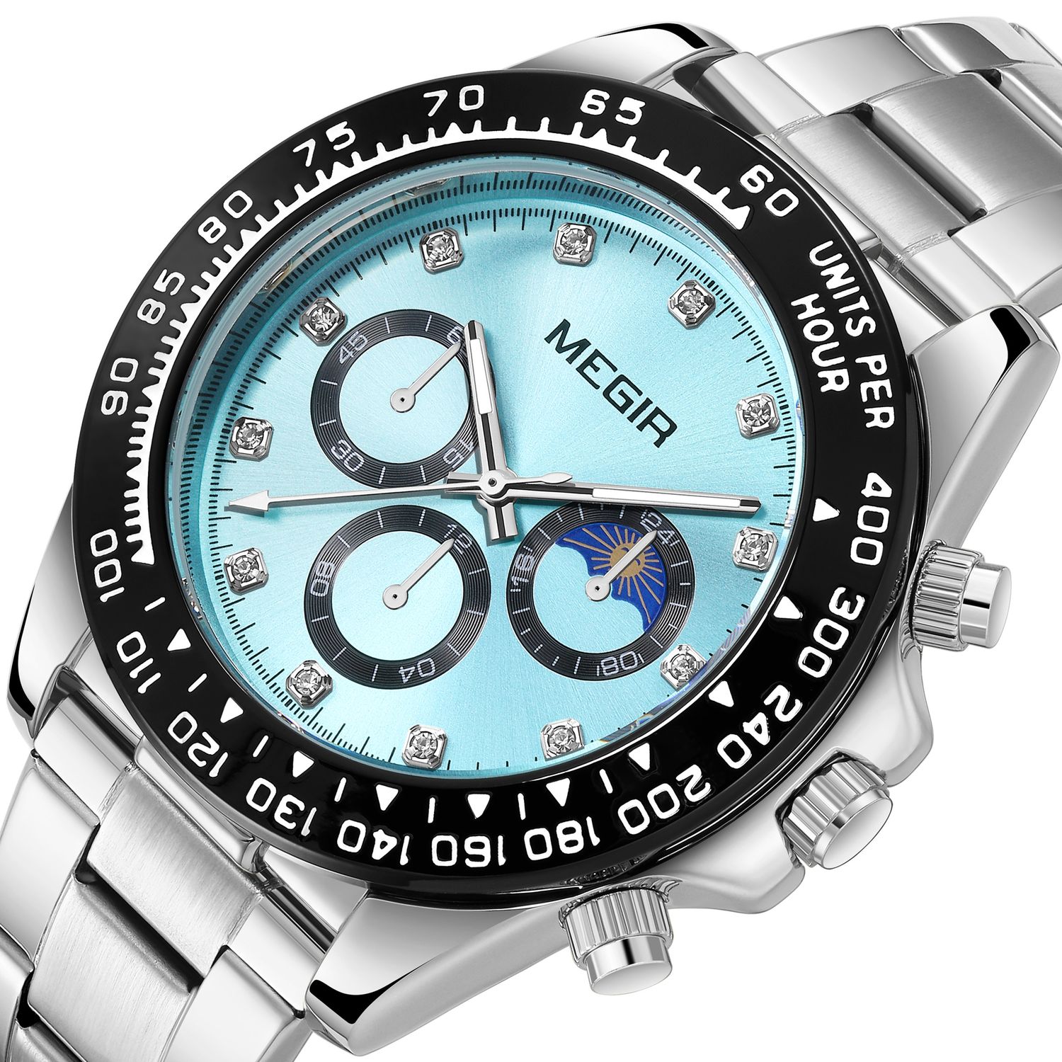MEGIR 1095 men's multifunction watch, turquoise dial with sub-dials and moon phase on a steel bracelet, angled view