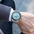 MEGIR 1095 men's multifunction watch on the wrist, turquoise dial with sub-dials and moon phase on a steel bracelet
