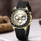 MEGIR 1095 men's multifunction watch, gold dial with three sub-dials and moon phase on a black silicone strap, front view