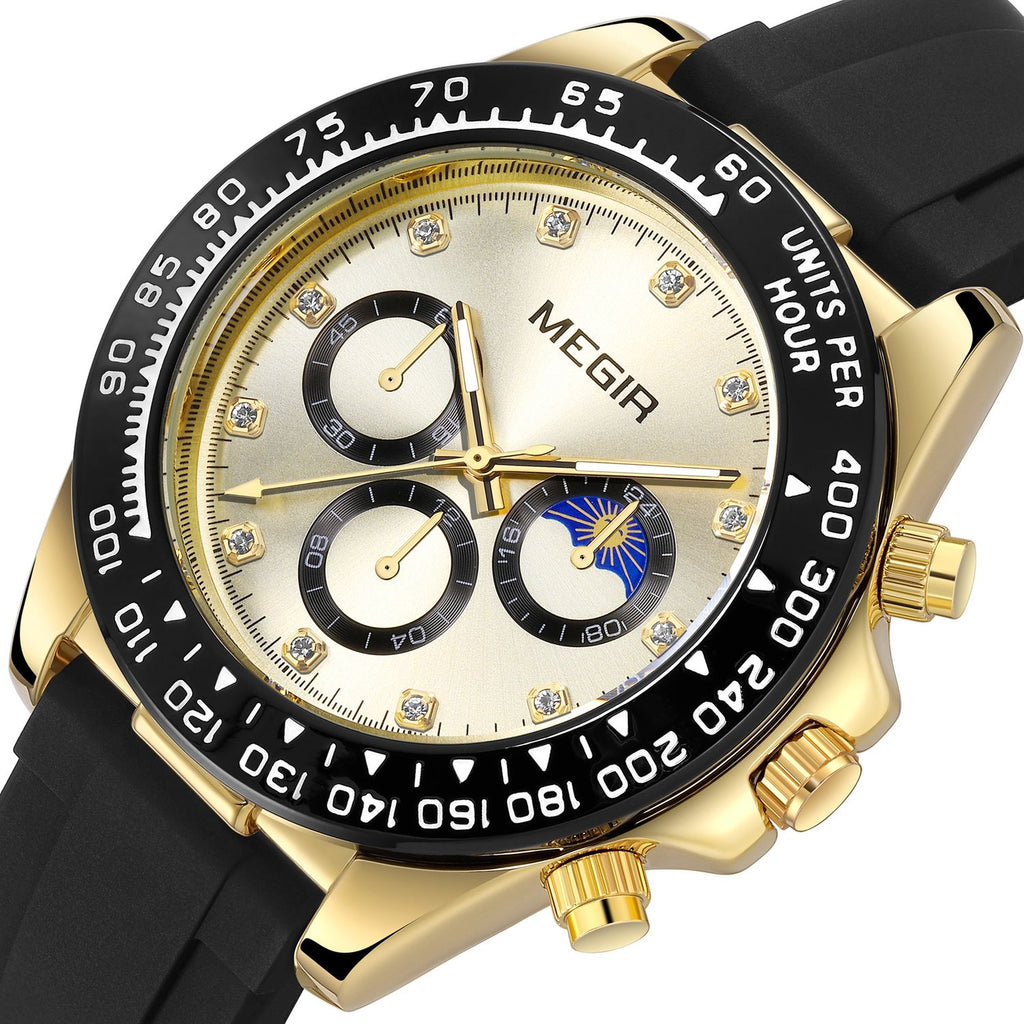 MEGIR 1095 men's multifunction watch, gold dial with sub-dials and moon phase on a black silicone strap, angled view