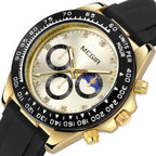 MEGIR 1095 men's multifunction watch, gold dial with sub-dials and moon phase on a black silicone strap, angled view