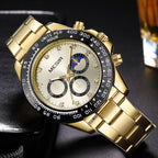 MEGIR 1095 men's multifunction watch, gold dial with three sub-dials and moon phase on a gold steel bracelet, front view